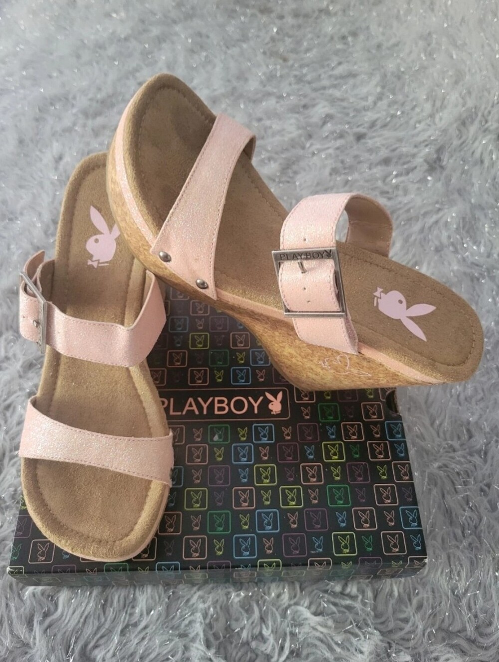 Y2K Playboy Pink Glitter Platform Cork Wedge Sandals Heels Strappy Bunny Patty 9